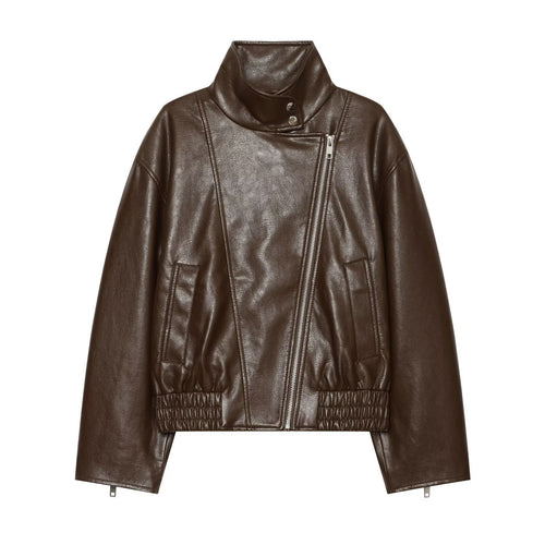 Damen taillierte Lederoptik-Bikerjacke mit hohem Funnelkragen Nord Taschen