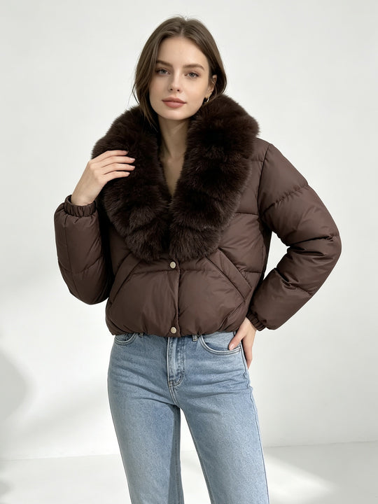 Damen nan kurze wattierte Cropped-Jacke mit extra voluminösem Kunstpelz-Schalkragen und elastischen Bündchen Nord Taschen