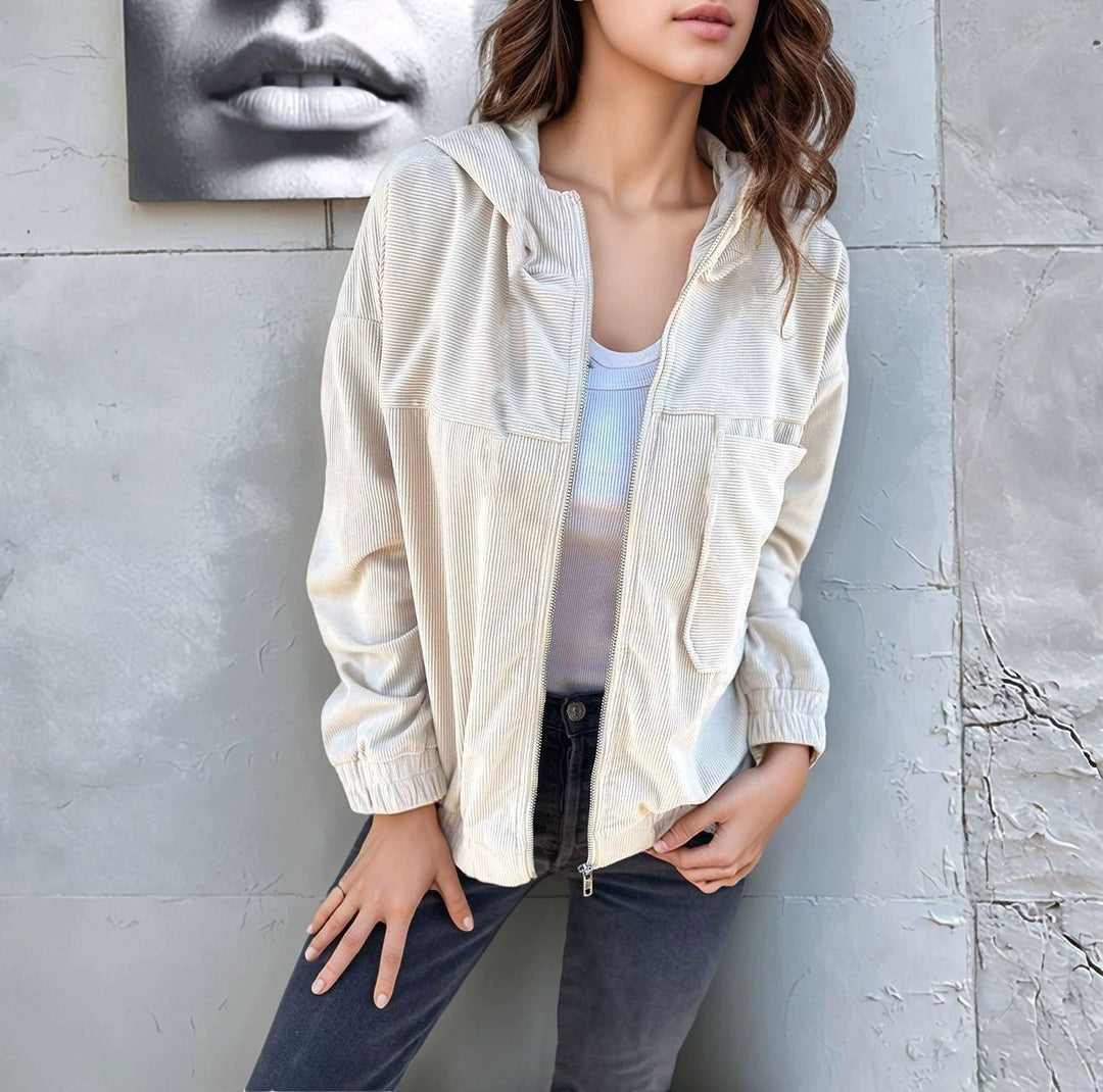 Damen Cord-Zipjacke mit Kapuze, Rippstruktur und Eingrifftaschen Nord Taschen