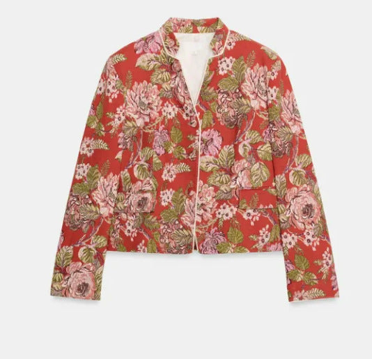 Damen Cropped Jacquard‑Blouson mit Mandarinkragen und floraler Brokatstruktur Nord Taschen