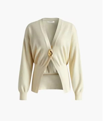 Damen 500+ Cropped‑Cardigan mit Taillenraffung, tiefem V‑Ausschnitt und großem Zierknopf Nord Taschen