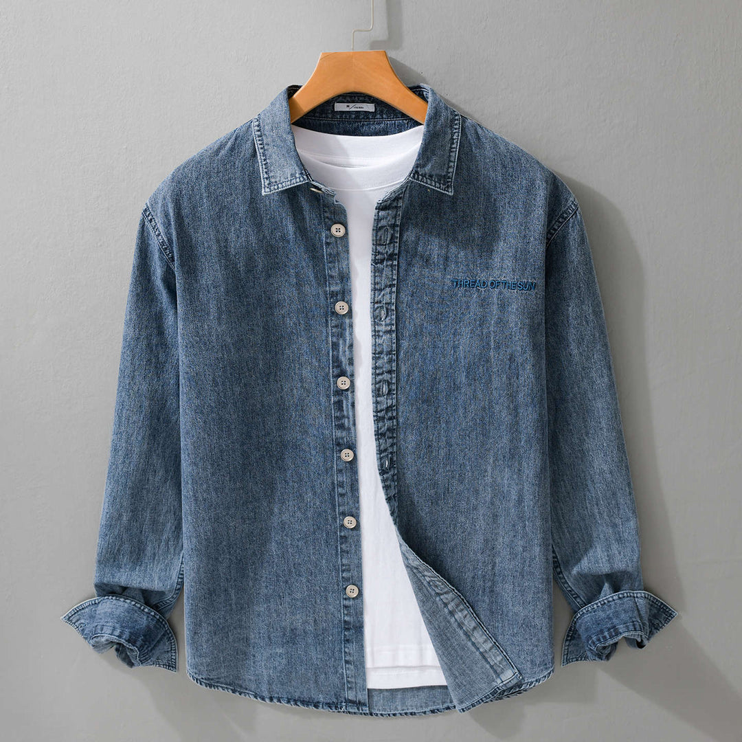 Herren entspanntes Denim-Overshirt mit Knopfleiste und Bruststickerei Nord Taschen