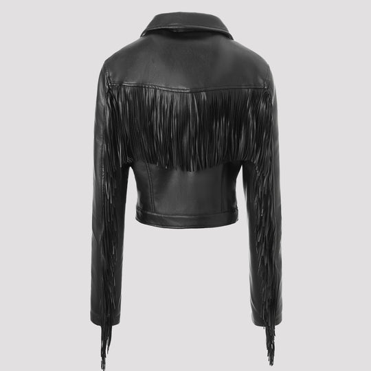 Damen kurze Motorradjacke aus Lederoptik mit Fransenärmeln und asymmetrischem Reißverschluss Nord Taschen