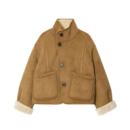 Damen Kurzjacke im Lammfell‑Look mit hohem Stehkragen und aufgesetzten Taschen Nord Taschen