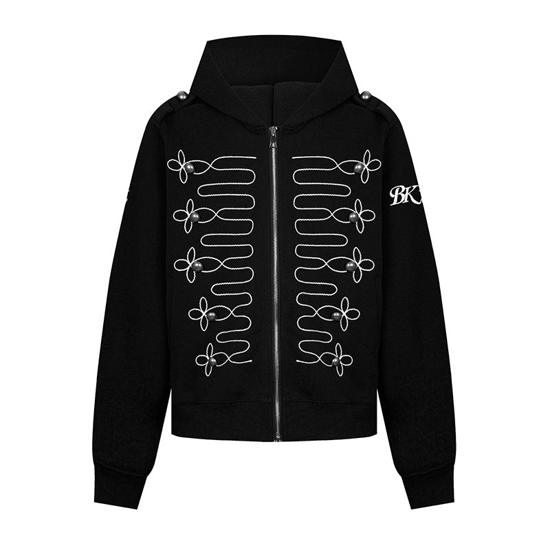 Damen Kapuzen‑Sweatjacke mit dekorischer Frogging‑Stickerei und Perlenknöpfen Nord Taschen