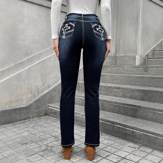 Damen Hochgeschnittene schmal geschnittene Straight-Jeans mit Kontrastnähten und leichtem Schlag Nord Taschen