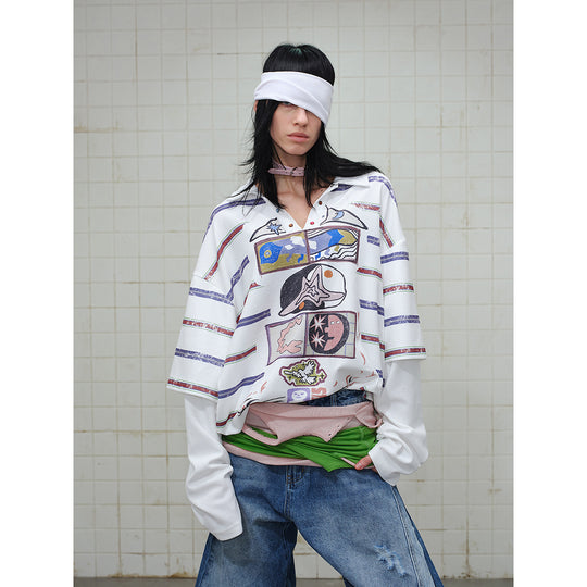Damen Waffel-Polo-Shirt mit Grafik-Print, Streifen und halber Druckknopfleiste Nord Taschen