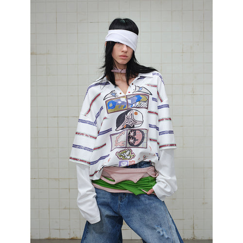 Damen Waffel-Polo-Shirt mit Grafik-Print, Streifen und halber Druckknopfleiste Nord Taschen