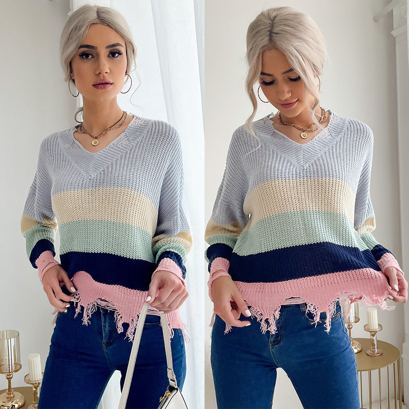 Damen Oversize V-Ausschnitt Strickpullover mit Streifendessin und ausgefranstem Saum Nord Taschen