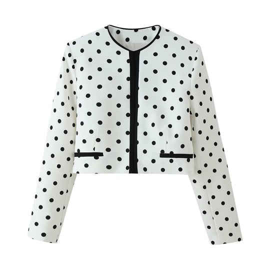 Damen Kurzblazer im Polka-Dot-Design mit Rundhalsausschnitt, kurzem Schnitt und Kontrastpaspeln Nord Taschen