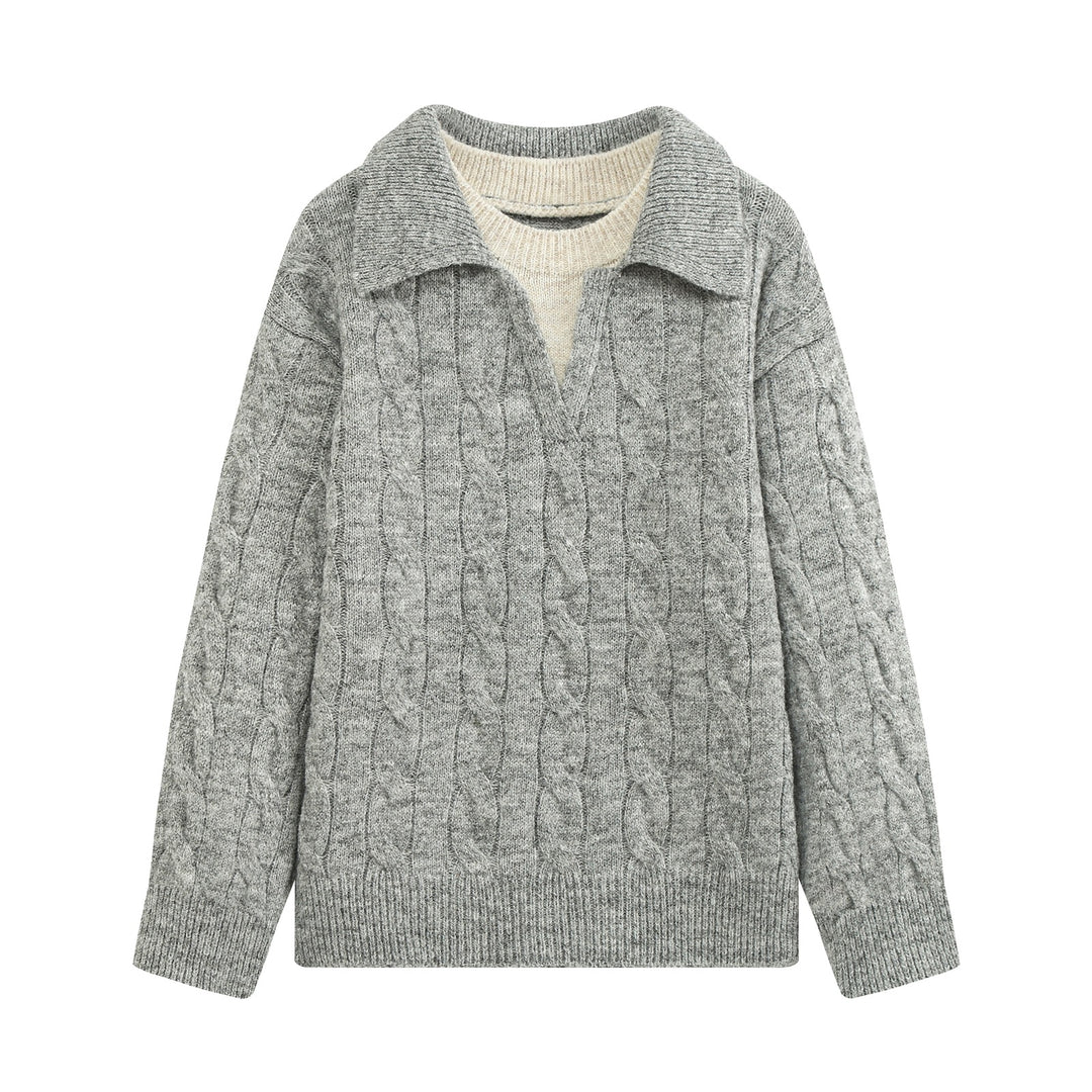 Damen Grobgestrickter Zopfmuster-Pullover mit offenem Polokragen und V‑Ausschnitt Nord Taschen