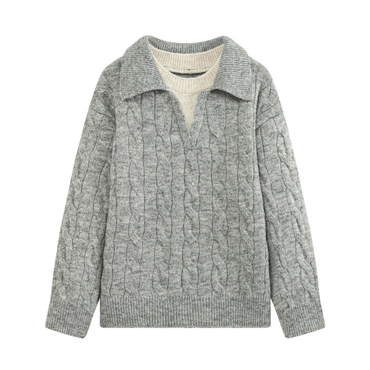 Damen Grobgestrickter Zopfmuster-Pullover mit offenem Polokragen und V‑Ausschnitt Nord Taschen
