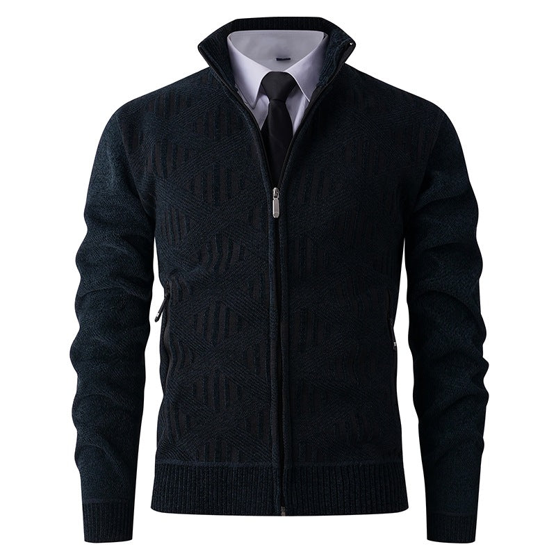 Herren Geometrischer Jacquard-Zipcardigan mit Stehkragen und Reißverschlusstaschen Nord Taschen