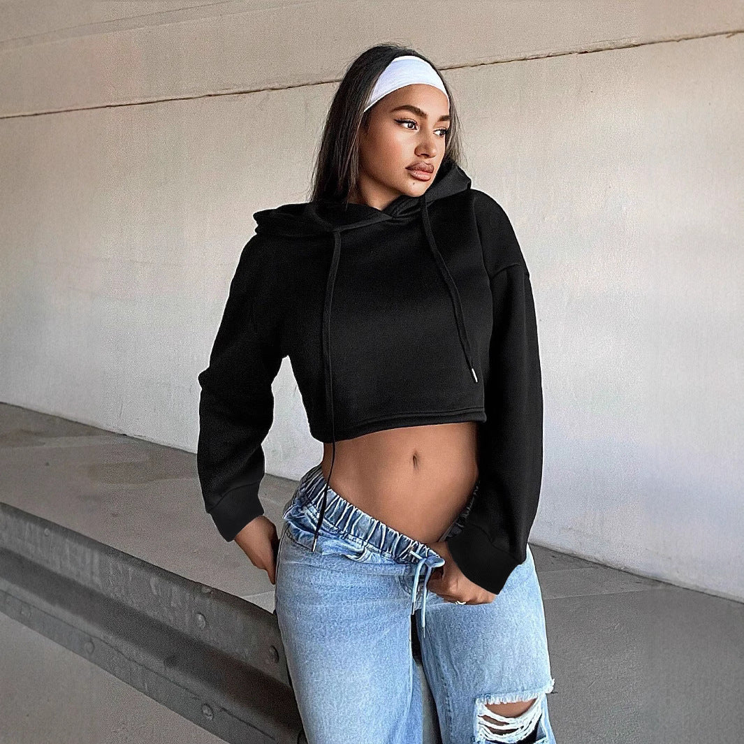 Damen kurzes Kapuzen-Sweatshirt Cropped-Hoodie mit Kordelzug gerippten Bündchen und lässiger Oversize-Passform Nord Taschen