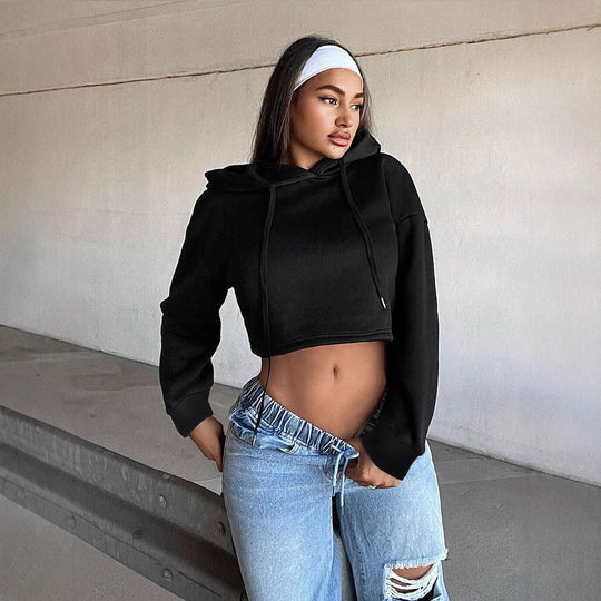 Damen kurzes Kapuzen-Sweatshirt Cropped-Hoodie mit Kordelzug gerippten Bündchen und lässiger Oversize-Passform Nord Taschen