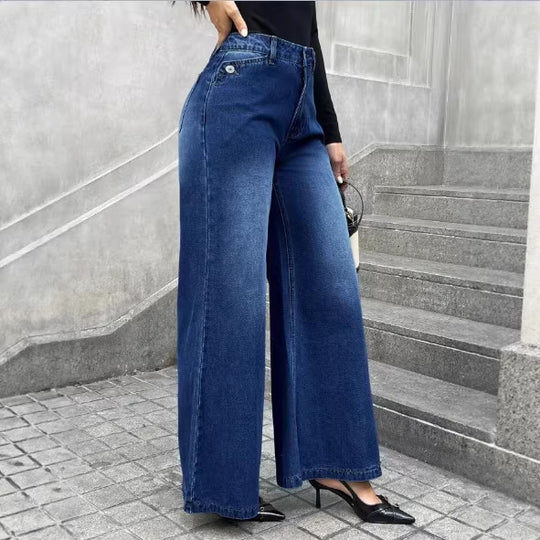Damen High-Waist Denim-Palazzo-Hose mit fließendem Tellerfall und weitem Bein Nord Taschen
