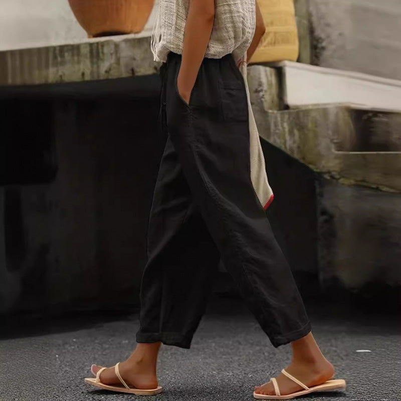 Damen lässige Leinenhose mit elastischem Bund und seitlichen Taschen Nord Taschen
