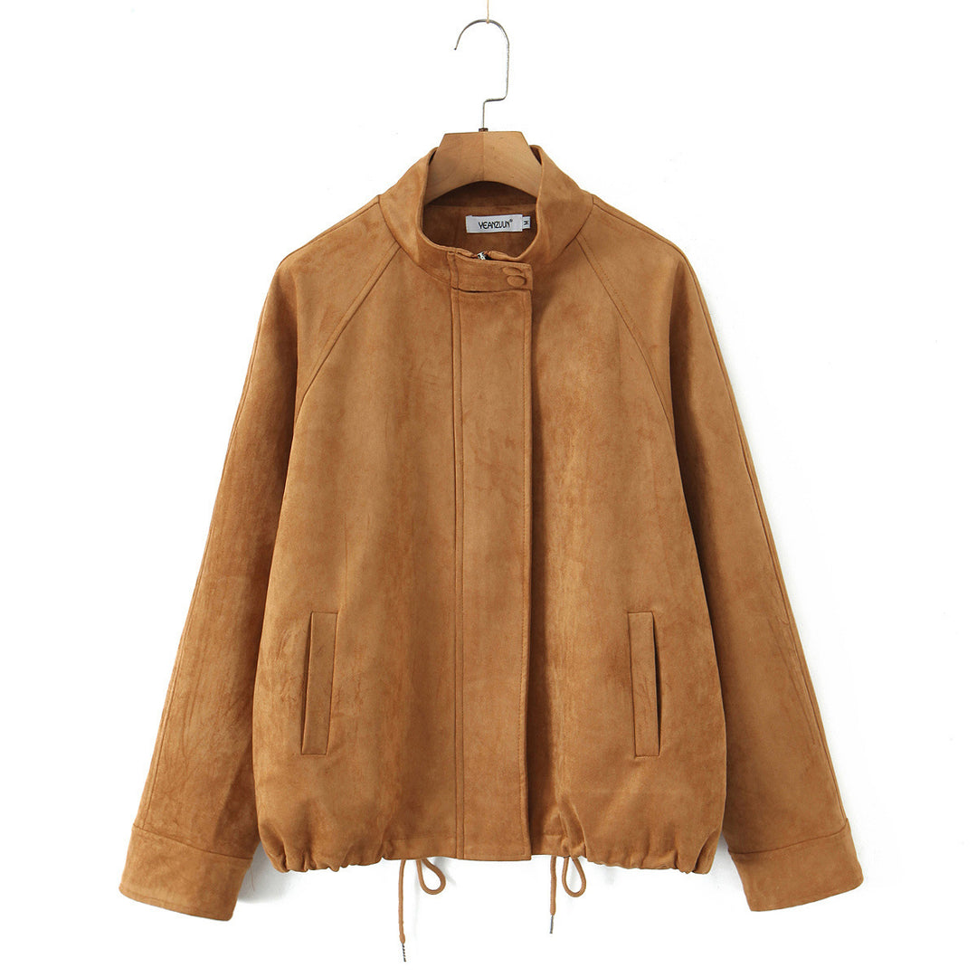 Damen Kurzjacke aus Wildleder mit Stehkragen, verdecktem Reißverschluss und Tunnelzug Nord Taschen