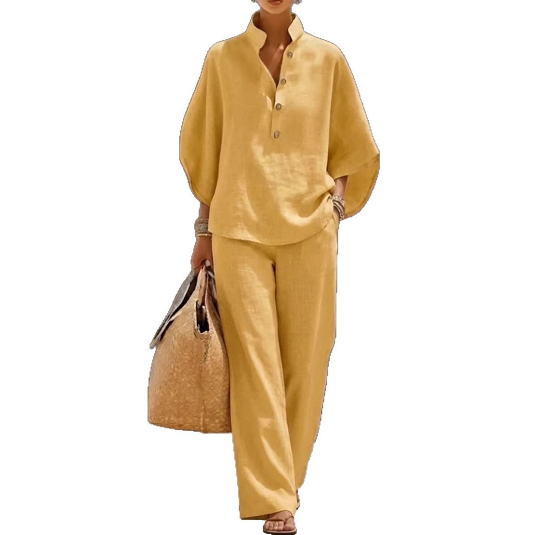 Damen Leichtes Leinen-Loungewear-Set mit Stehkragen Knopfleiste und weitem Marlene-Schnitt Nord Taschen