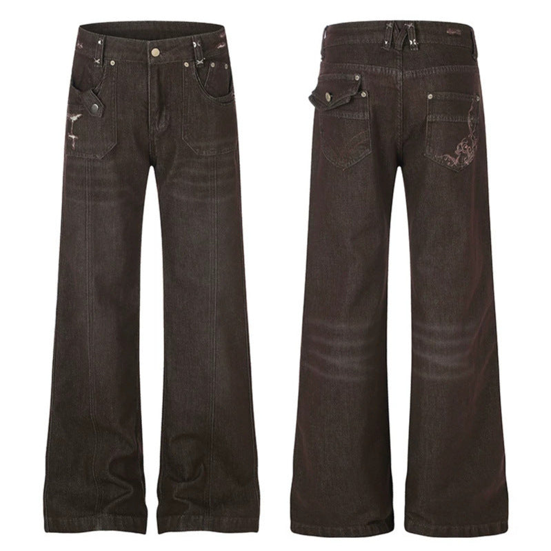 Damen Weite High‑Waist Denimhose mit geradem Bein und Utility‑Pattentaschen Nord Taschen