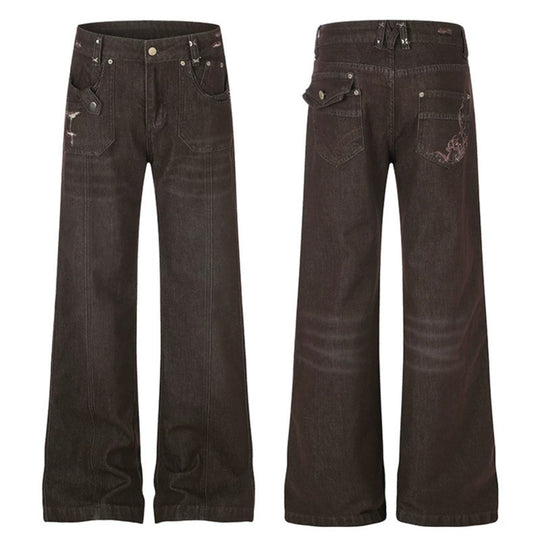 Damen Weite High‑Waist Denimhose mit geradem Bein und Utility‑Pattentaschen Nord Taschen