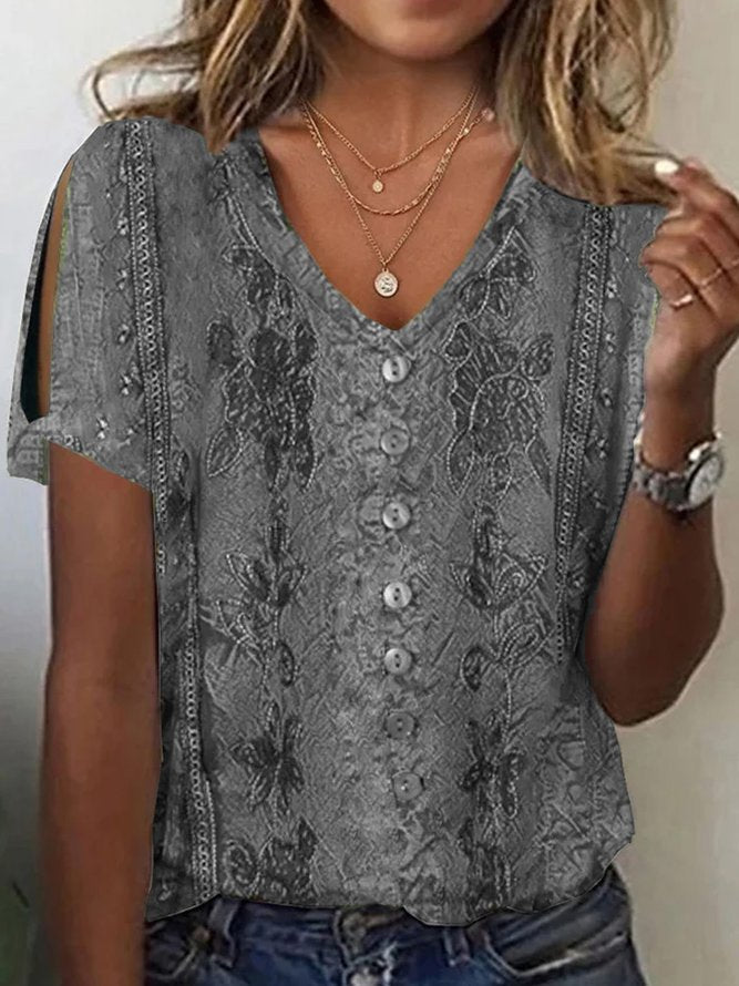 Damen V-Ausschnitt Bluse mit floralen Details und Knopfverschluss