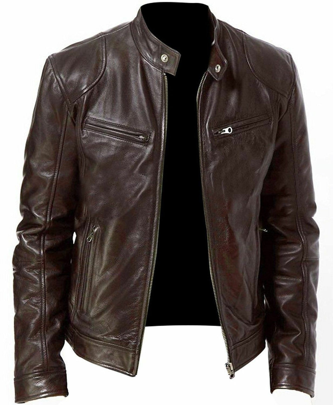 Herren vintage-inspirierte Lederjacke im Bikerstil mit Stehkragen und sichtbaren Reißverschlüssen Nord Taschen