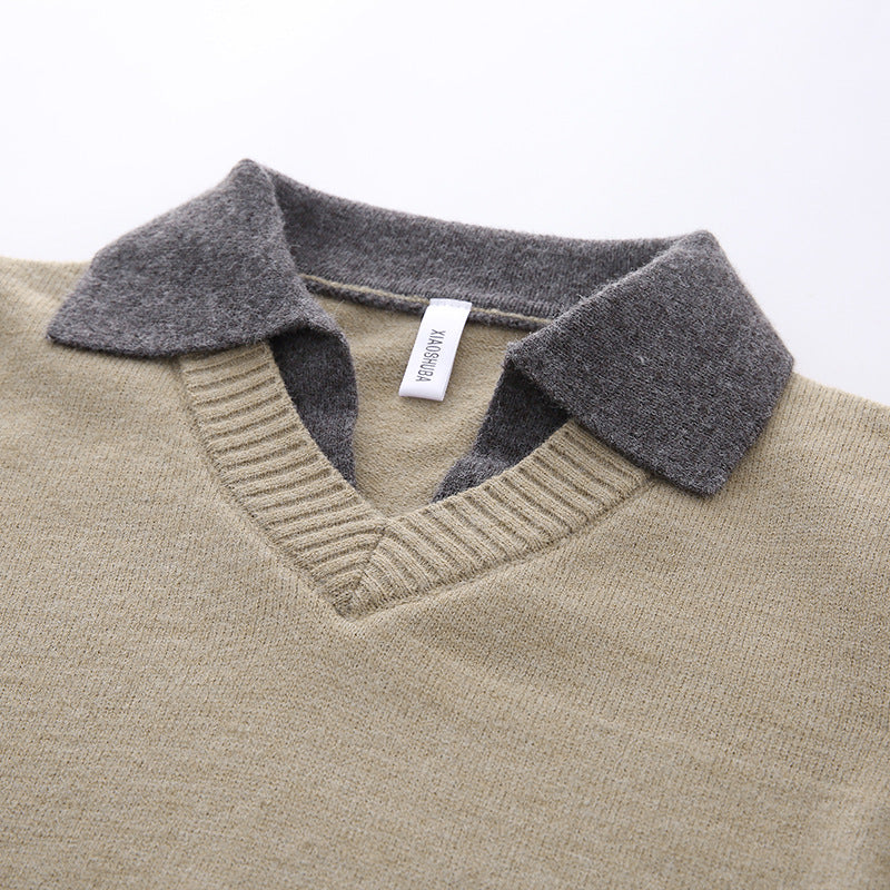 Unisex Lässiger Strukturstrick-Pullover mit offenem Polokragen und tiefem V-Ausschnitt Nord Taschen