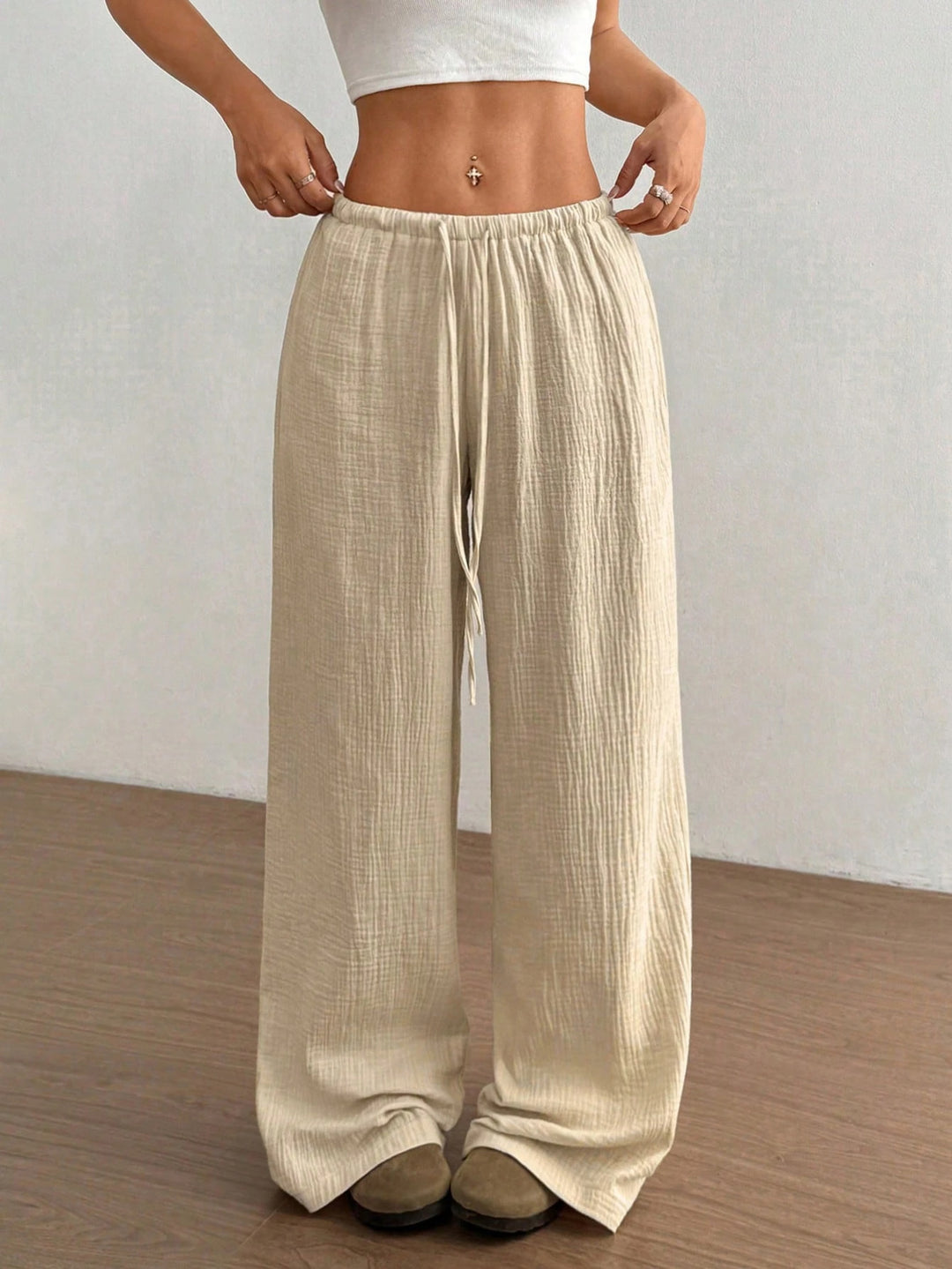 Damen Leichte Leinenoptik-Hose mit weitem Bein, Gummibund und Tunnelzug Nord Taschen
