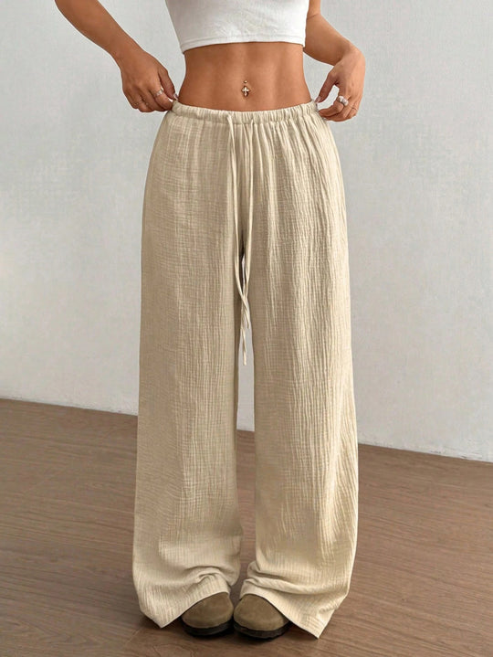 Damen Leichte Leinenoptik-Hose mit weitem Bein, Gummibund und Tunnelzug Nord Taschen