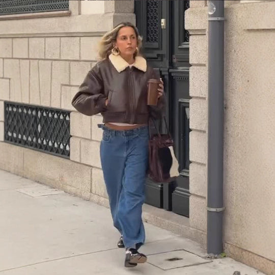 Damen Oversized Fliegerjacke im Biker-Bomber-Stil mit Teddykragen Nord Taschen