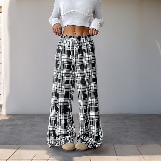 Damen Weite Lounge‑Hose im Karomuster mit elastischem Bund und Kontrast‑Seitpanel Nord Taschen