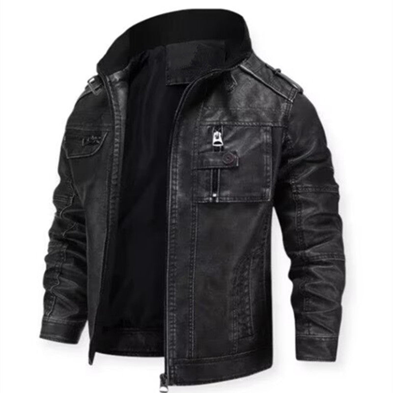 Herren Vintage-inspirierte Bikerjacke in Lederoptik mit Utility-Taschen und Stehkragen Nord Taschen