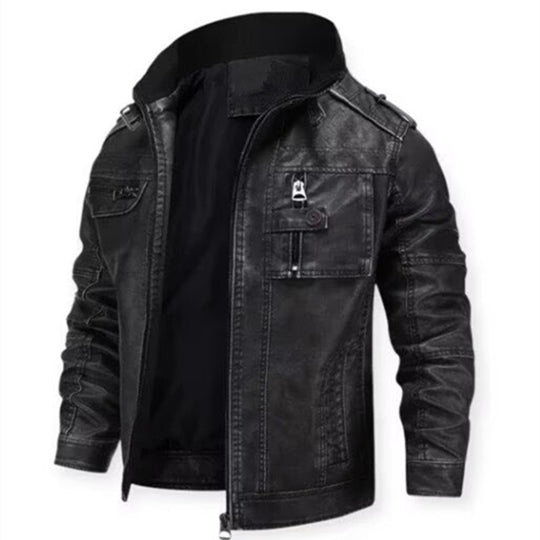 Herren Vintage-inspirierte Bikerjacke in Lederoptik mit Utility-Taschen und Stehkragen Nord Taschen