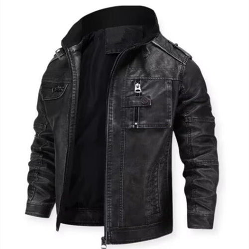 Herren Vintage-inspirierte Bikerjacke in Lederoptik mit Utility-Taschen und Stehkragen Nord Taschen