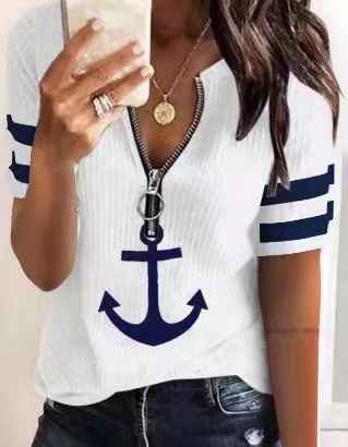 Damen Sportliches T-Shirt mit Reißverschluss und maritimen Motiven