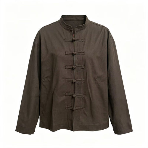 Herren Lockere Baumwoll‑Leinen Jacke im China‑Style mit Stehkragen und Knotenverschlüssen Nord Taschen