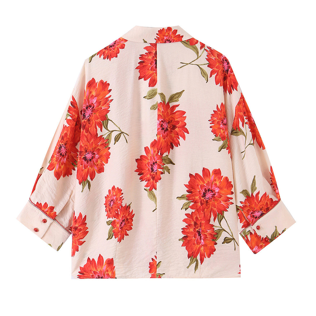 Damen Leichte Oversize‑Bluse mit Dreiviertelärmeln und großem Blumenprint Nord Taschen