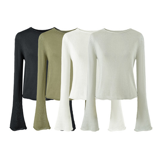Damen Leichtes Feinstrick-Longsleeve mit ausgestellten Trompetenärmeln Nord Taschen