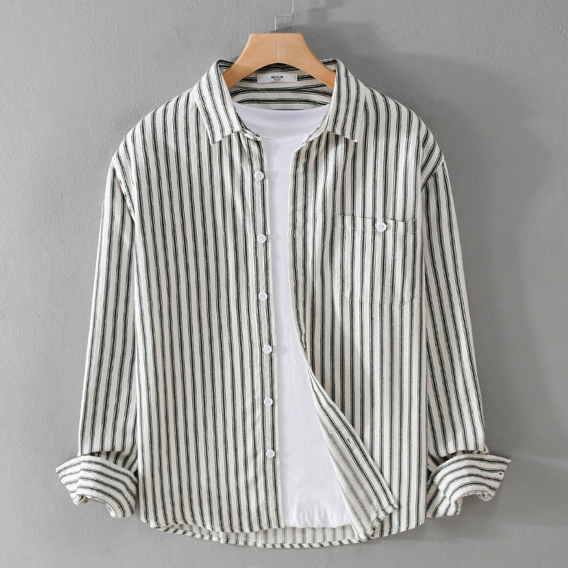 Herren Leichtes gestreiftes Layering-Overshirt aus Leinen-Baumwollmix mit Brusttasche und abgerundetem Saum Nord Taschen