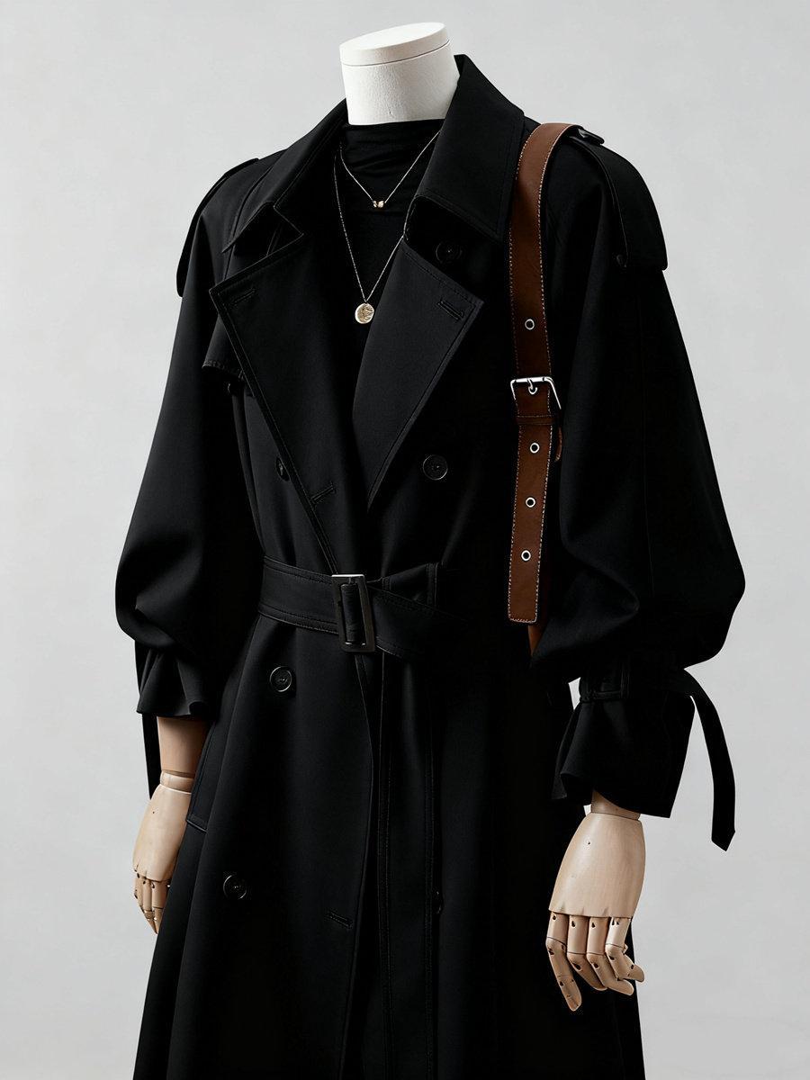 Damen Doppelreihiger Trenchcoat mit Taillengürtel und Ballonärmeln Nord Taschen