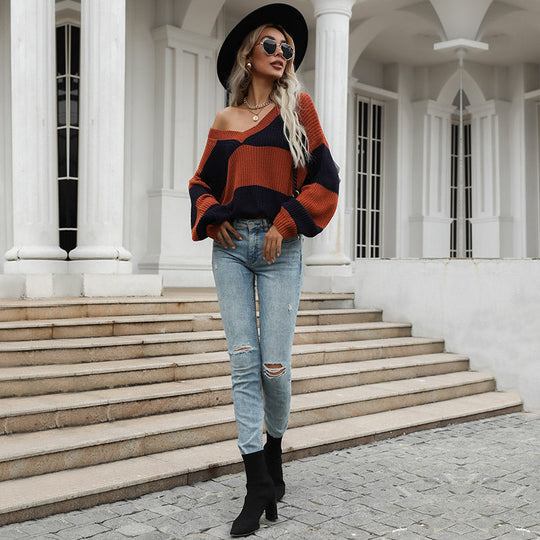 Damen Gestreifter Oversize V‑Ausschnitt Pullover im Grobstrick Nord Taschen
