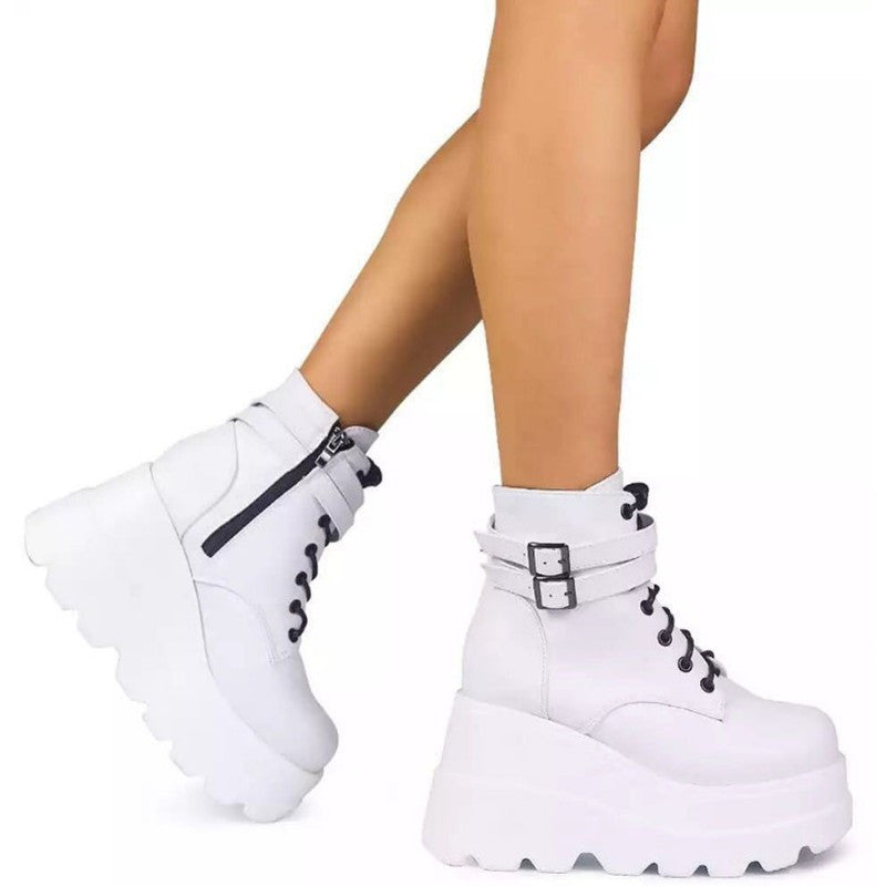 Damen Plateau-Stiefel mit modischem Schnallen-Design und praktischem Reißverschluss