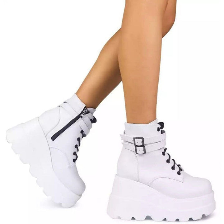 Damen Plateau-Stiefel mit modischem Schnallen-Design und praktischem Reißverschluss