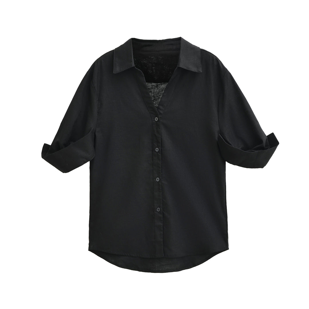 Damen Leichte Oversize Leinenoptik-Bluse mit Kentkragen und krempelbaren Ärmeln Nord Taschen