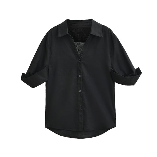 Damen Leichte Oversize Leinenoptik-Bluse mit Kentkragen und krempelbaren Ärmeln Nord Taschen