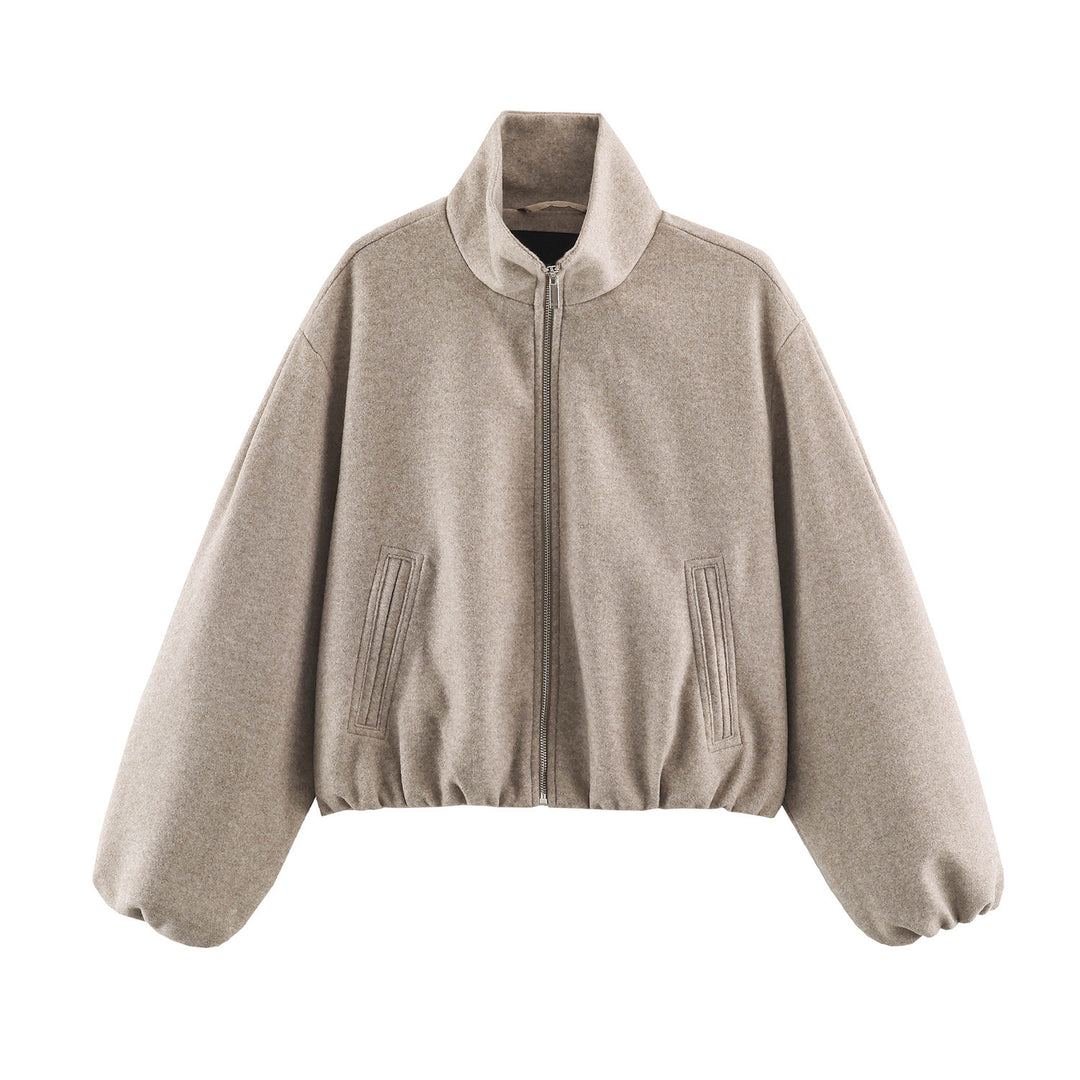 Damen Cropped Wolloptik‑Bomberjacke mit hohem Stehkragen und verdeckten Eingrifftaschen Nord Taschen