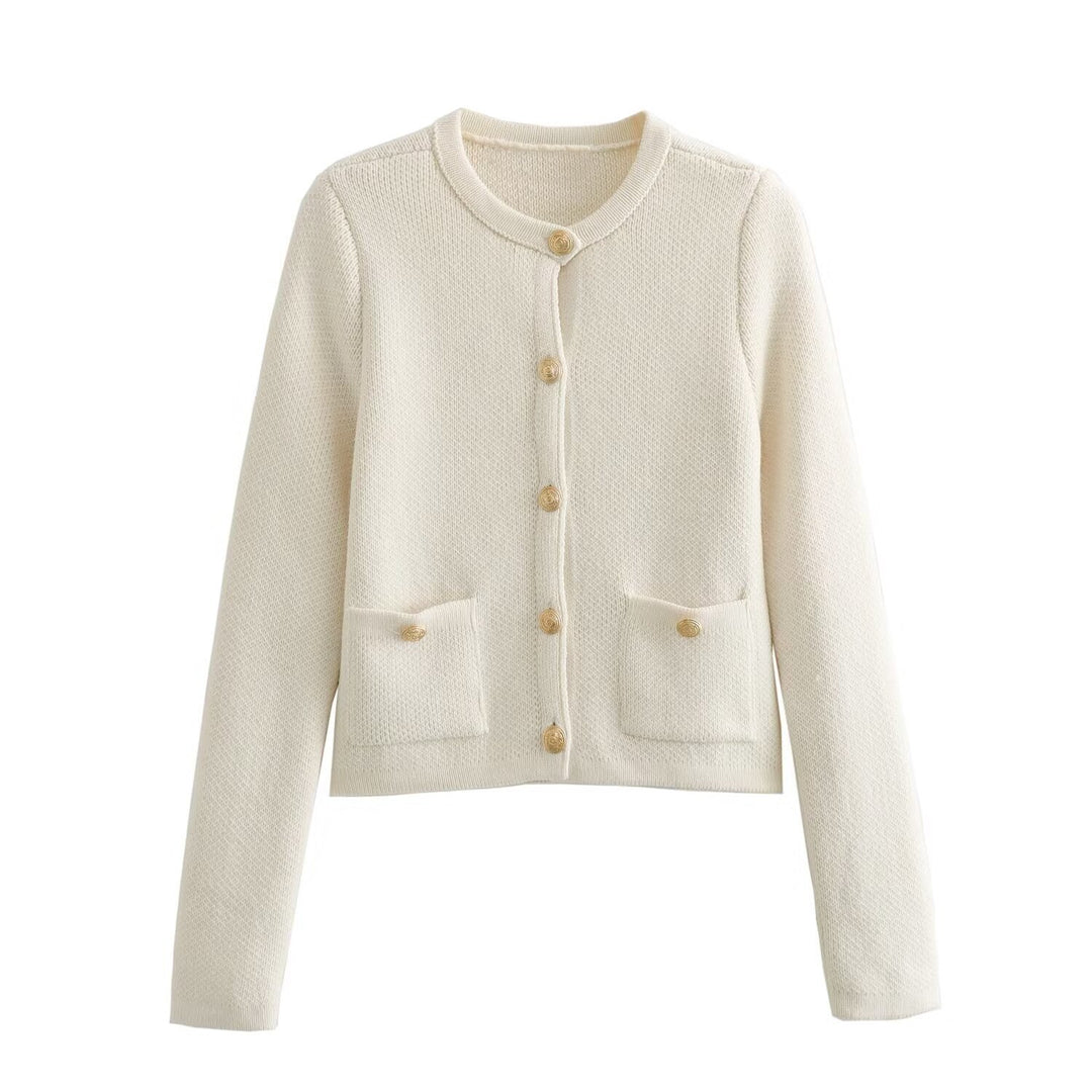 Damen Kurzgeschnittener Bouclé-Cardigan mit Rundhals, Pattentaschen und Münzknöpfen Nord Taschen