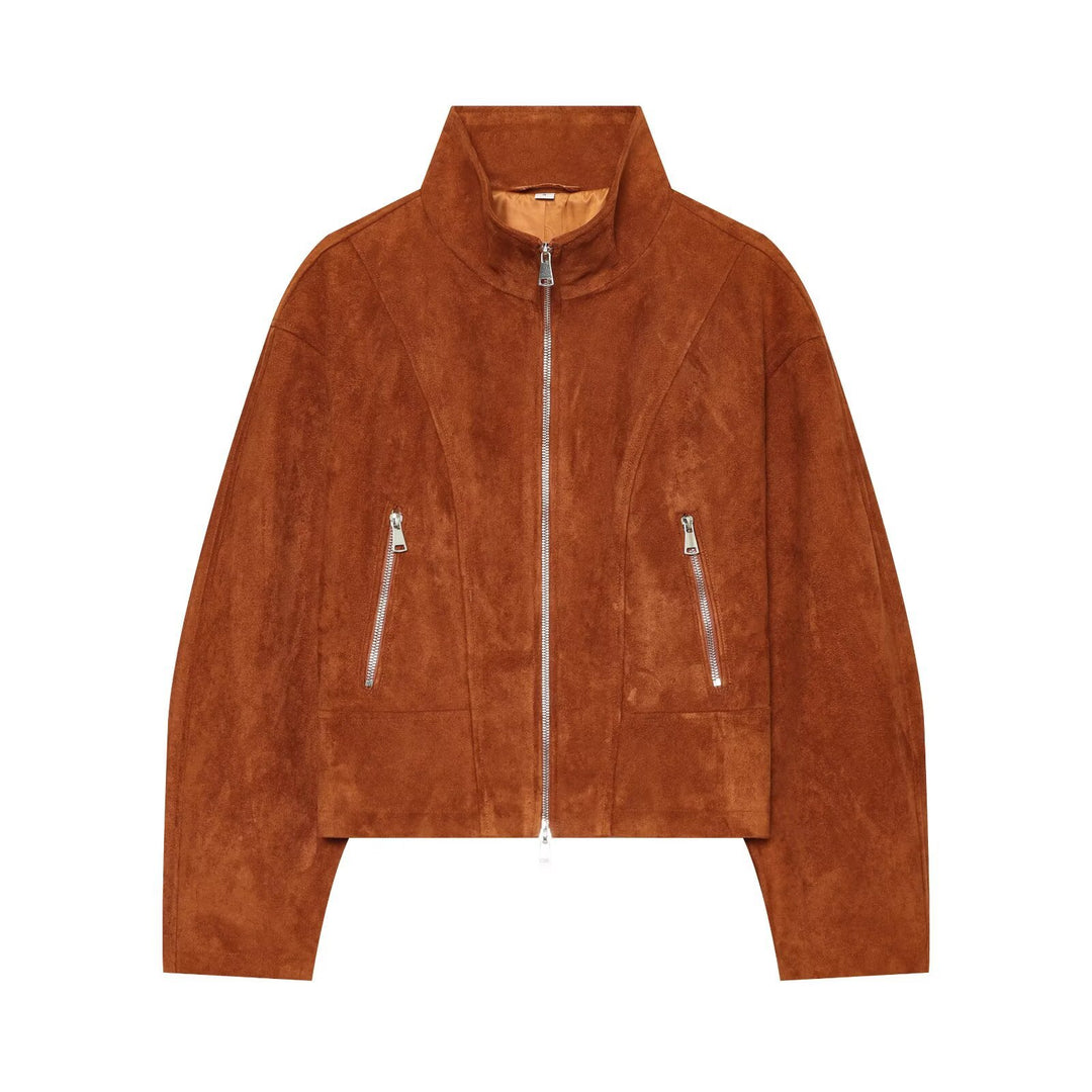 Damen Kurzgeschnittener Wildleder-Blouson mit Stehkragen und Reißverschluss Nord Taschen
