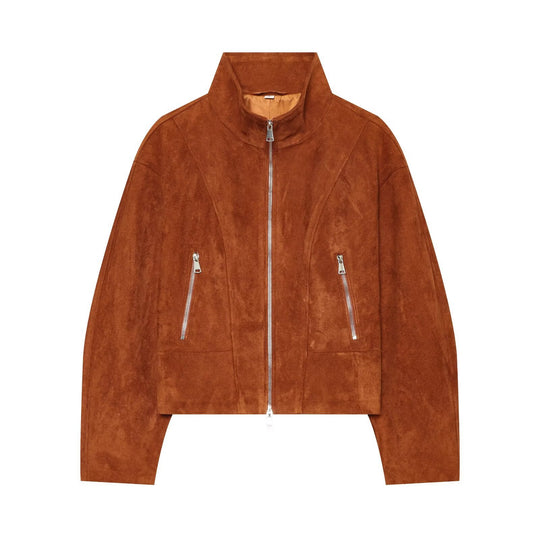 Damen Kurzgeschnittener Wildleder-Blouson mit Stehkragen und Reißverschluss Nord Taschen